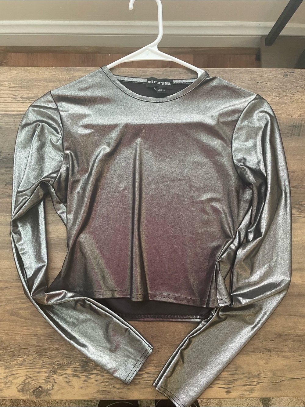 PrettyLittleThing Metallic Gunmetal Long Sleeve Crop Top